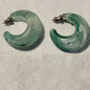 Vintage Green and White Marbled Lucite Plastic Hoop Earrings